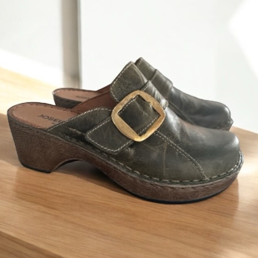 Josef Seibel Lily 10 Leather, Gold Buckle, Olive Women’s Slip On Clog US 6.5 - 7